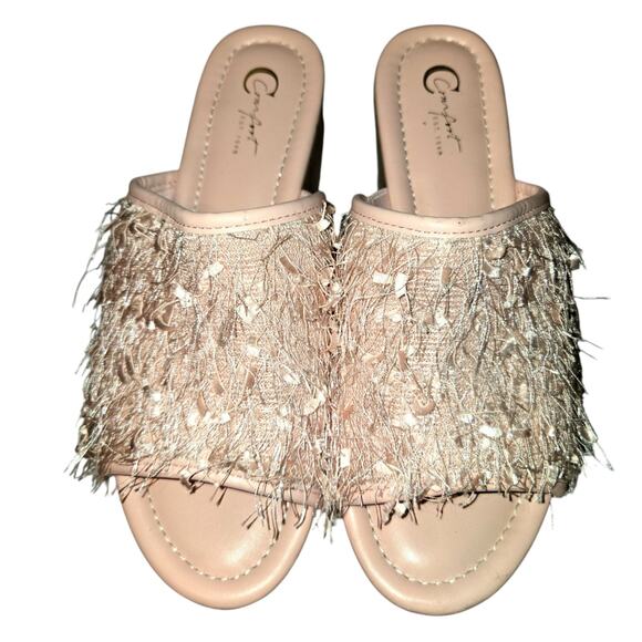 Comfort 7 Platform Pink Fringe Women's Sandal Shoe 3 Inch Cork Heel - Picture 2 of 8